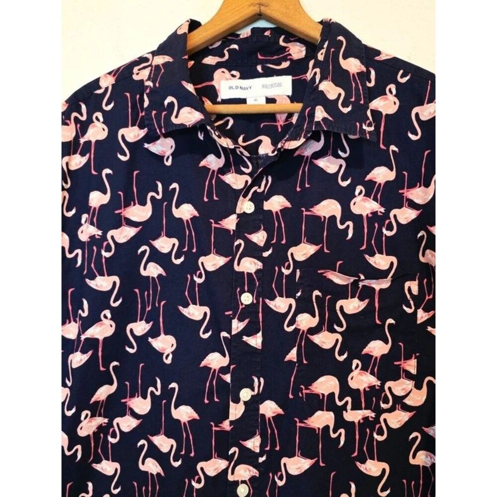 Old Navy Built In Flex Short Sleeve Shirt Flamingo Button Up Coastal Beach XL